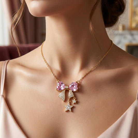 Collar Moño Rosa bañada en oro de 14 Kilates