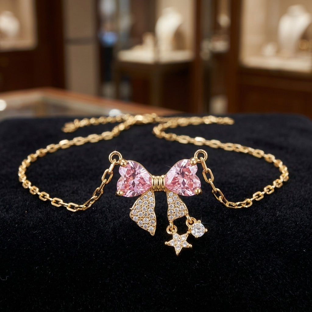 Collar Moño Rosa bañada en oro de 14 Kilates