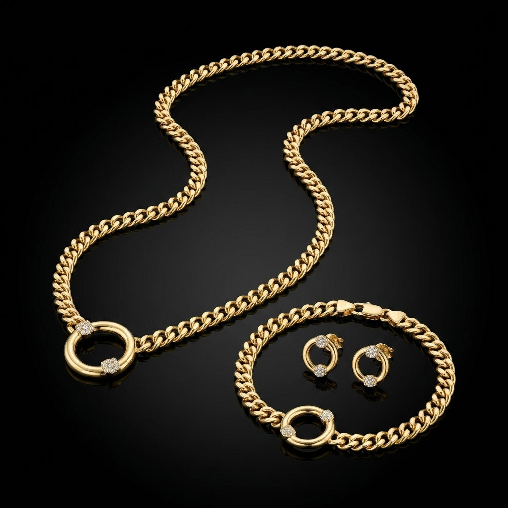 Conjunto de Joyería Elegante para Mujer – Cadena, Pulsera y Aretes