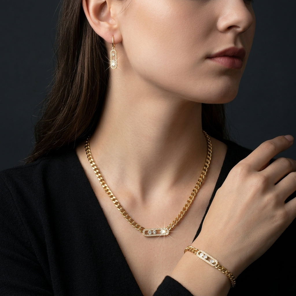 Conjunto de Joyería Elegante para Mujer – Cadena, Pulsera y Aretes
