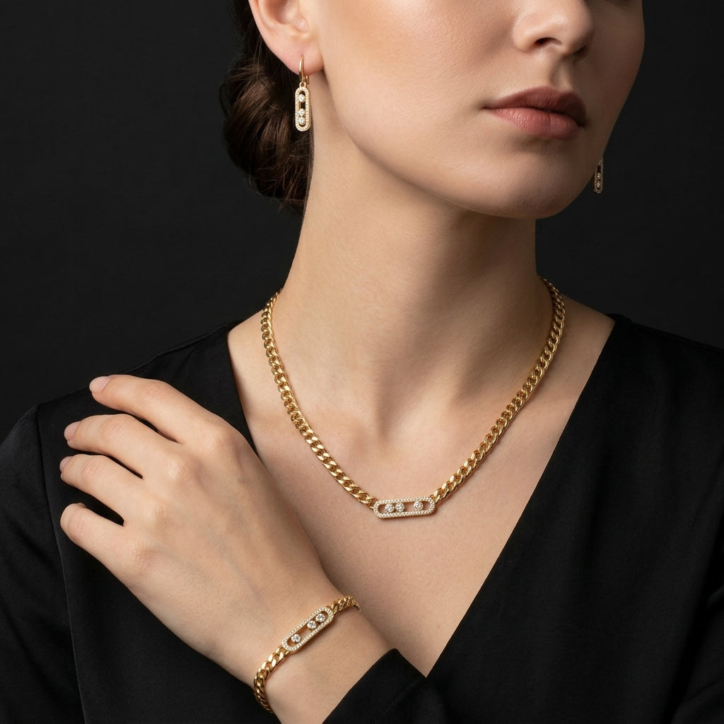 Conjunto de Joyería Elegante para Mujer – Cadena, Pulsera y Aretes