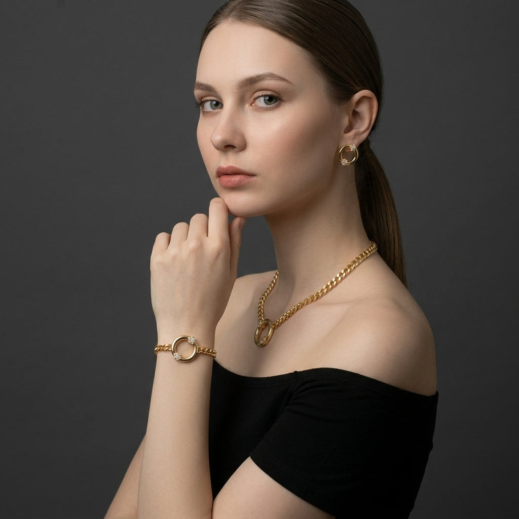 Conjunto de Joyería Elegante para Mujer – Cadena, Pulsera y Aretes