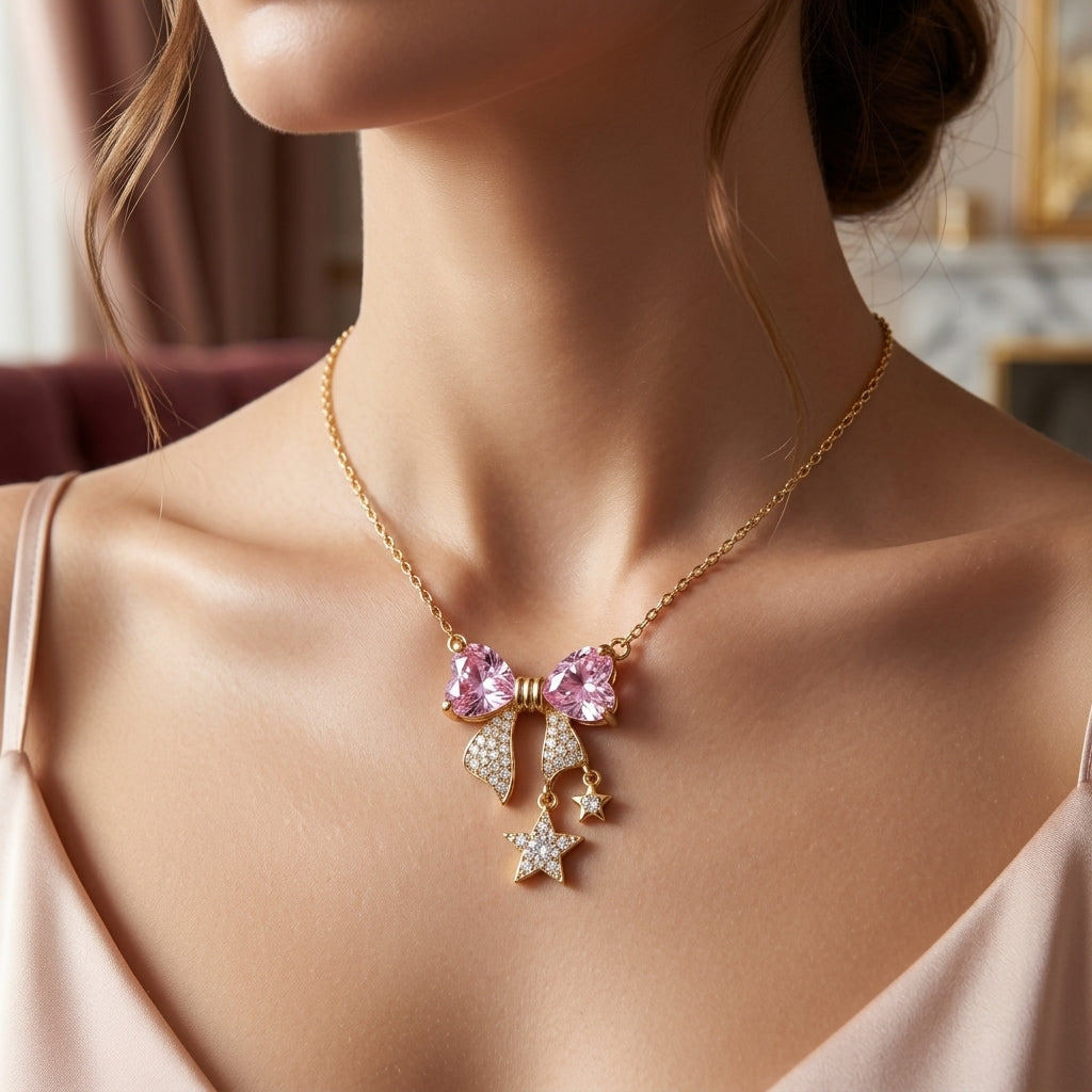 Collar Moño Rosa bañada en oro de 14 Kilates
