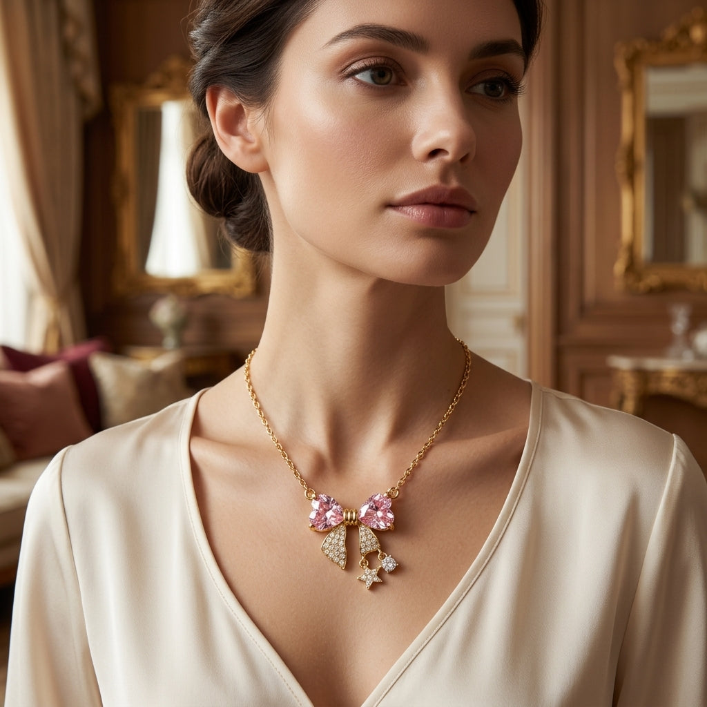 Collar Moño Rosa bañada en oro de 14 Kilates